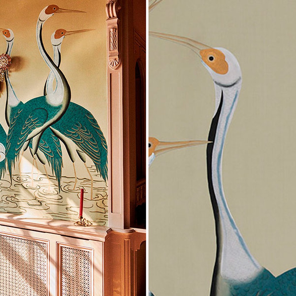 Обои ручная роспись Sarus Cranes Colourway SC-208 on Icefield dyed silk