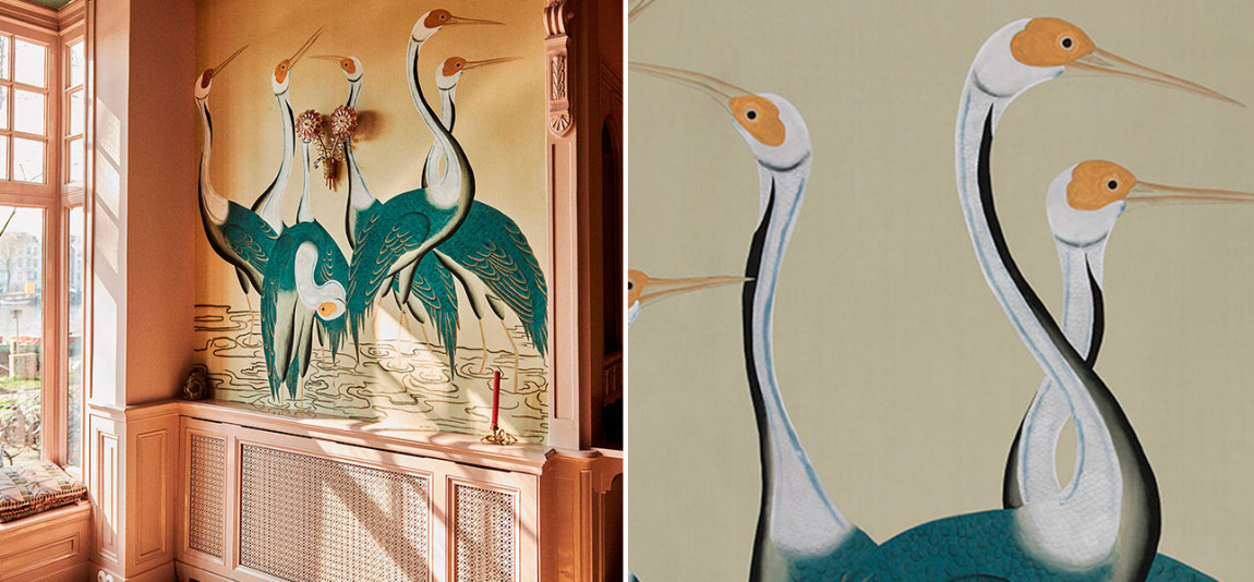 Обои ручная роспись Sarus Cranes Colourway SC-208 on Icefield dyed silk