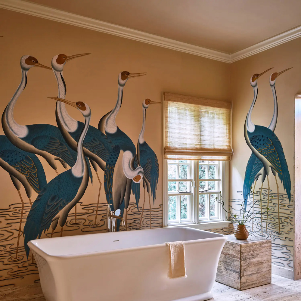 Обои ручная роспись Sarus Cranes Colourway SC-208 on Raw Silk dyed silk