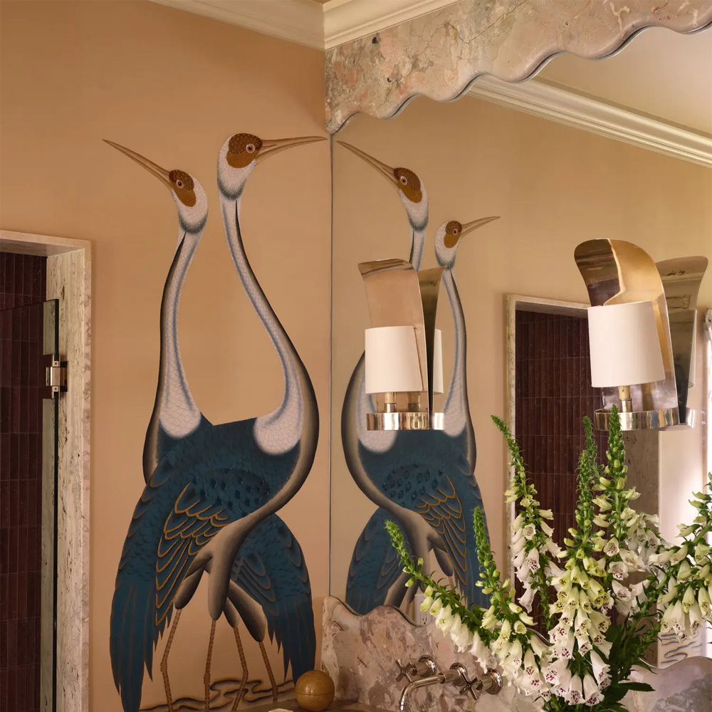 Обои ручная роспись Sarus Cranes Colourway SC-208 on Raw Silk dyed silk