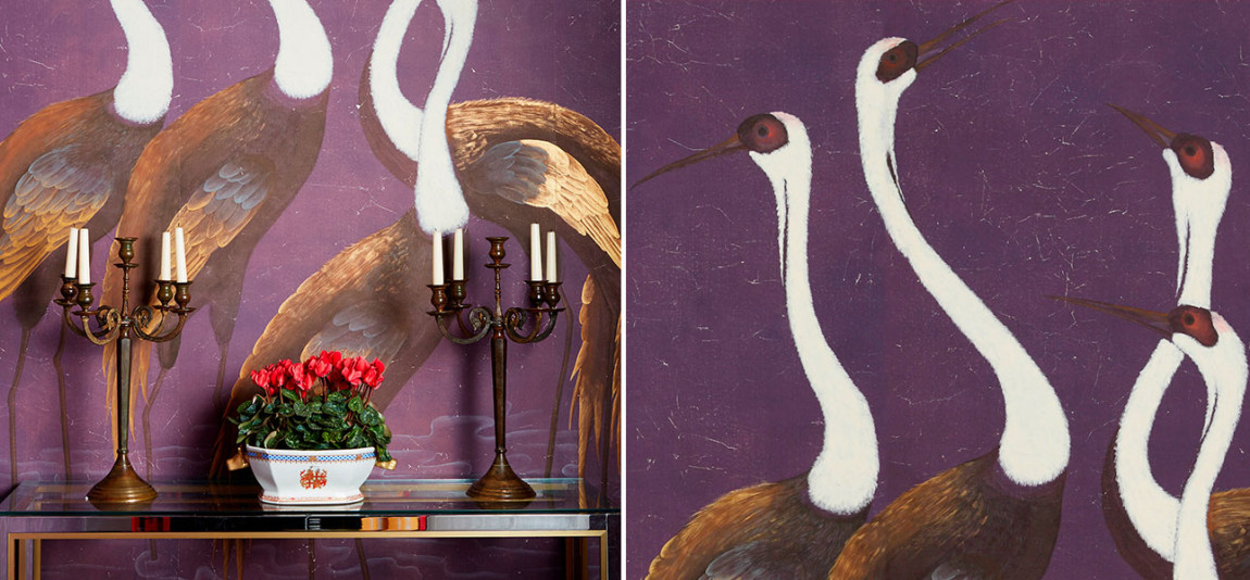 Обои ручная роспись Sarus Cranes Original colourway on Edo purple painted Xuan paper