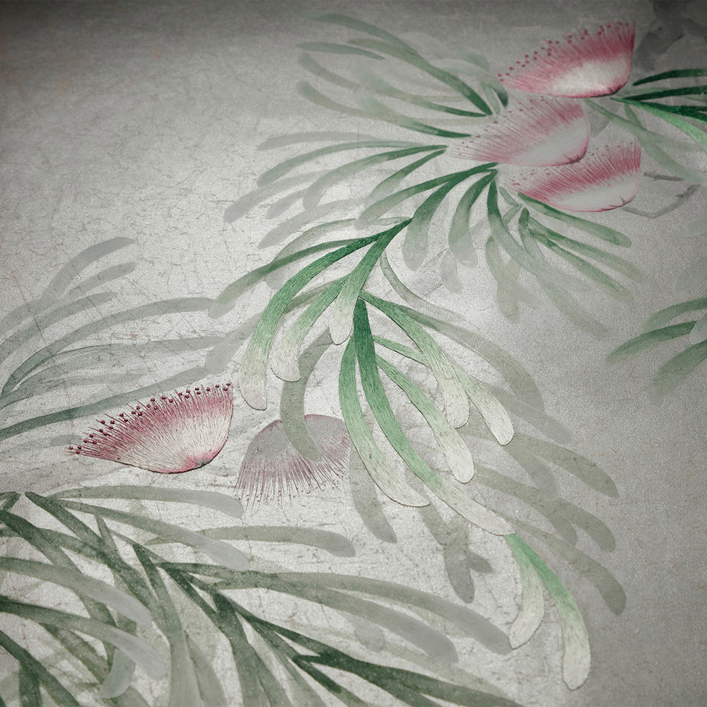 Обои ручная роспись Silk Tree Colourway SC-92 on Crackled Silver on Shell Pink metallic silk
