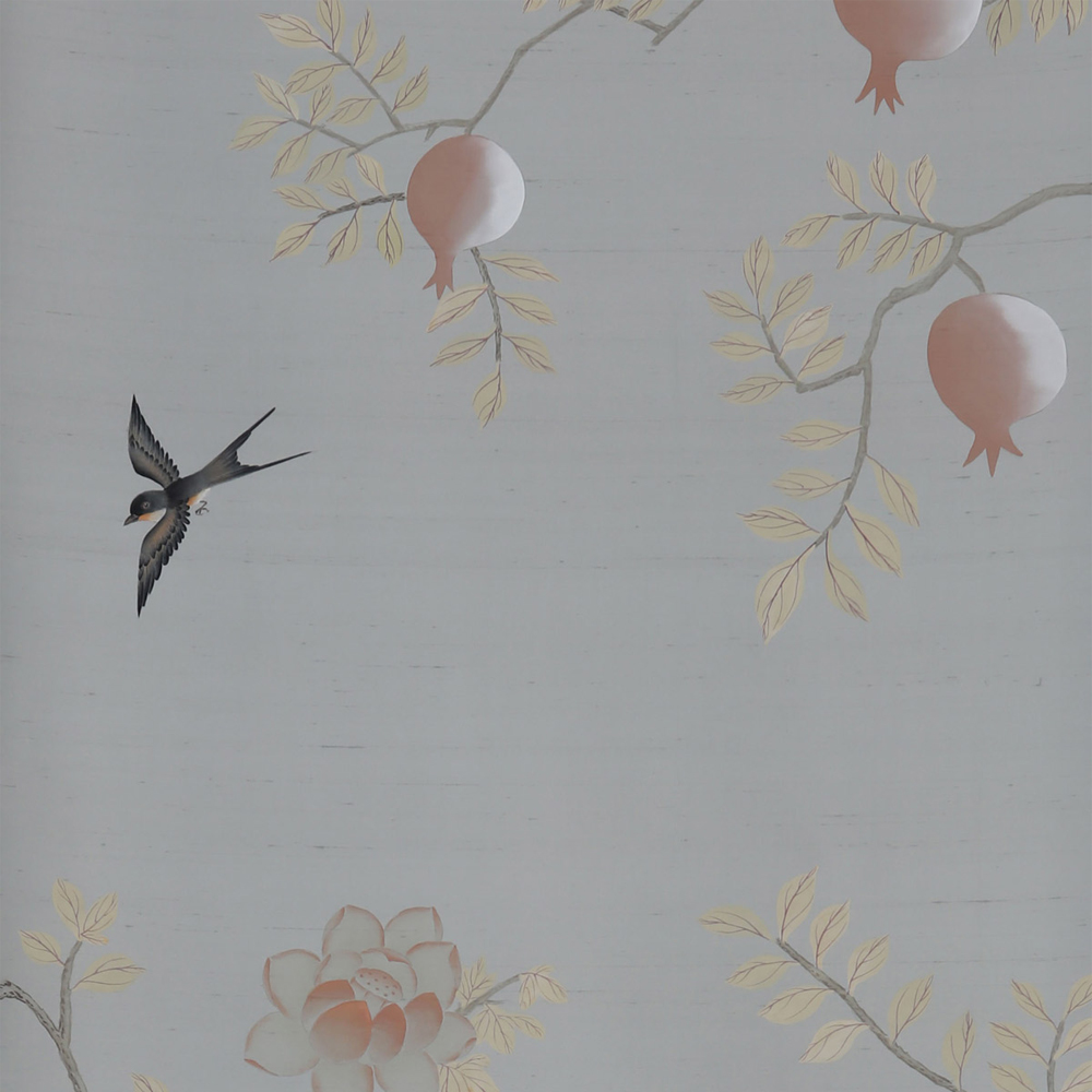 Обои ручная роспись Summer Night Blossom Colourway SC-122 on Wood Ash slub silk