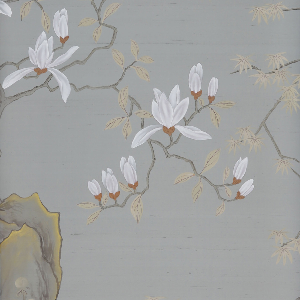 Обои ручная роспись Summer Night Blossom Colourway SC-122 on Wood Ash slub silk