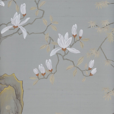 Обои ручная роспись Summer Night Blossom Colourway SC-122 on Wood Ash slub silk