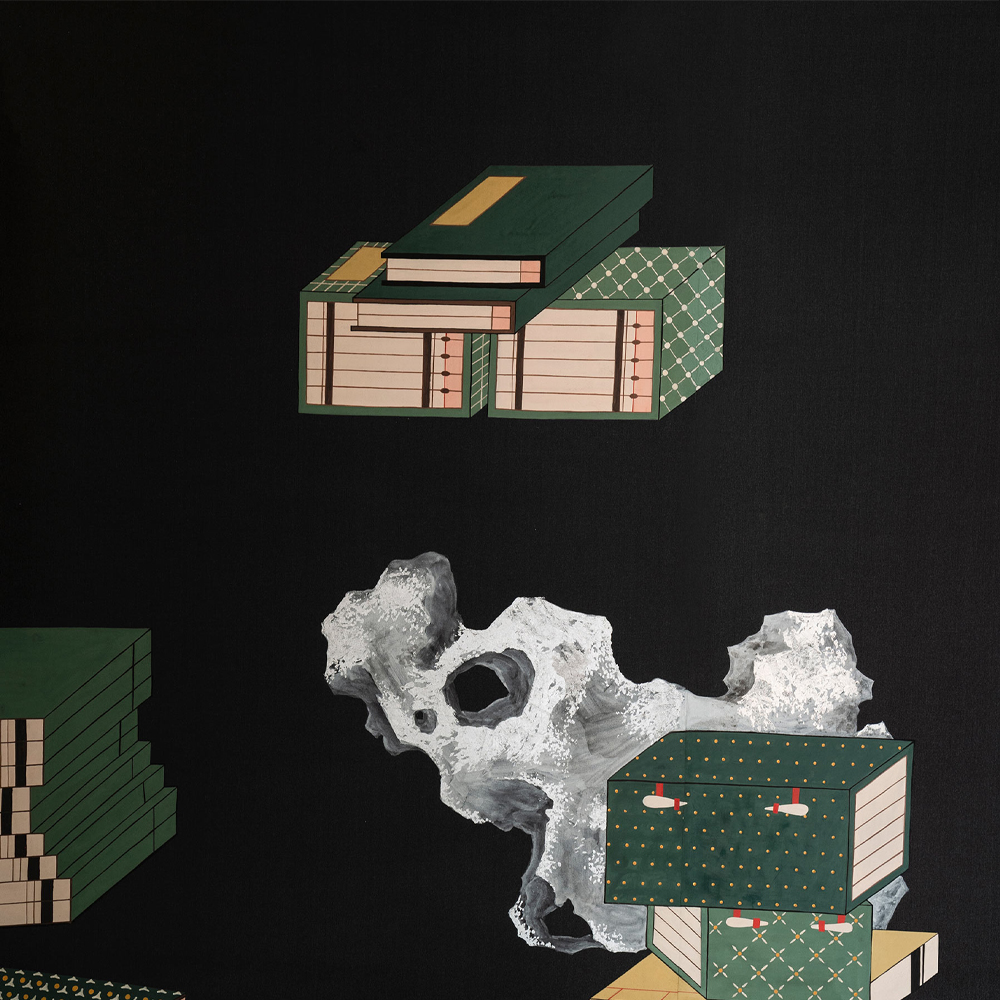 Обои ручная роспись The Art of Learning and Steps for the Flowers by Teo Yang Original colourway on Pitch dyed silk