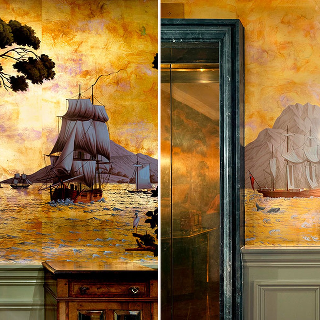 Обои ручная роспись Voyage of the Pacific Amarelo on Deep Rich Gold gilded paper with antiquing