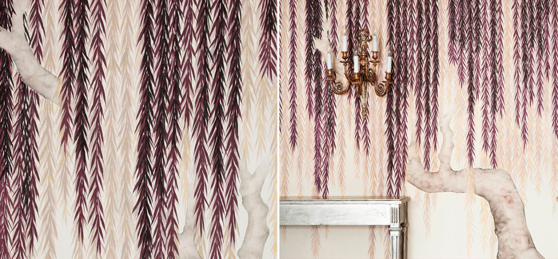 Обои ручная роспись Willow Boysenberry on Bleached White dyed silk