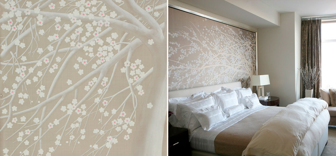 Обои ручная роспись Windswept Blossom Blossom on Lead Grey dyed silk