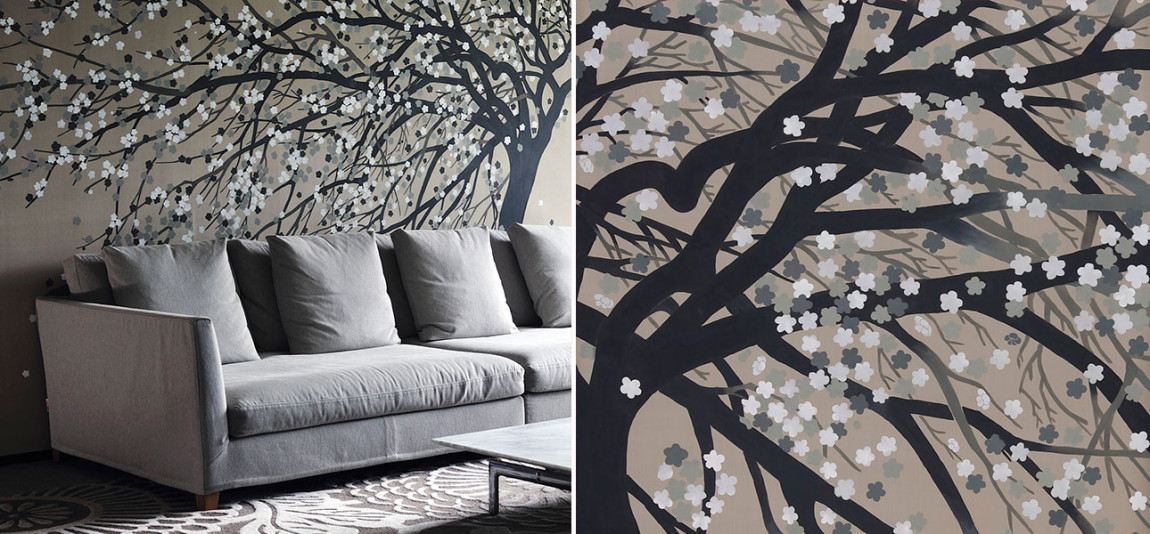 Обои ручная роспись Windswept Blossom Colourway SC-53 on Lead Grey dyed silk