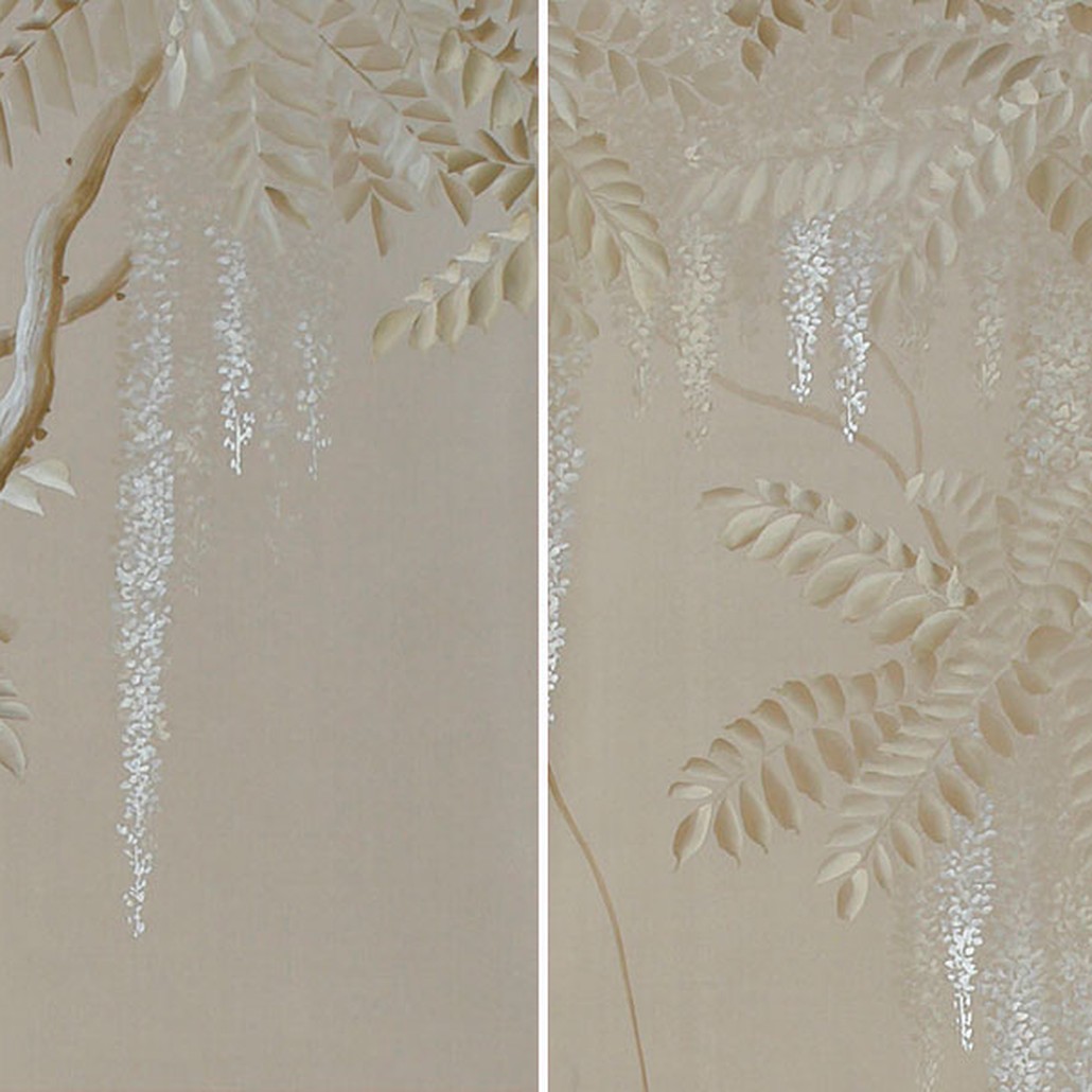 Обои ручная роспись Wisteria Limewash on Lead Grey dyed silk