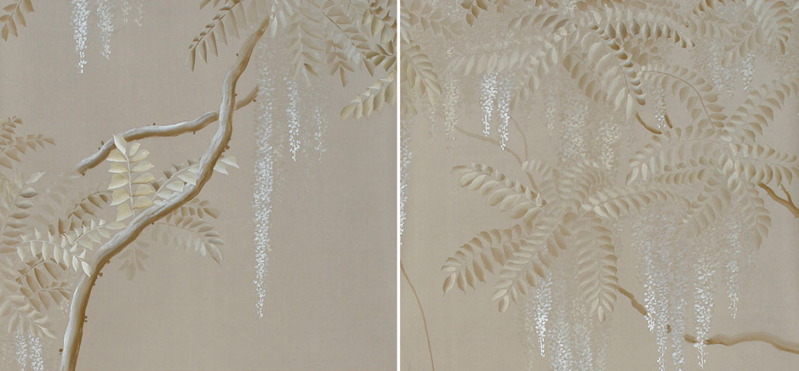 Обои ручная роспись Wisteria Limewash on Lead Grey dyed silk