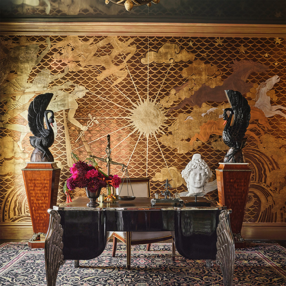 Обои ручная роспись в стиле Арт-деко Deco Dawn Bas Relief on Deep Rich Gold gilded paper