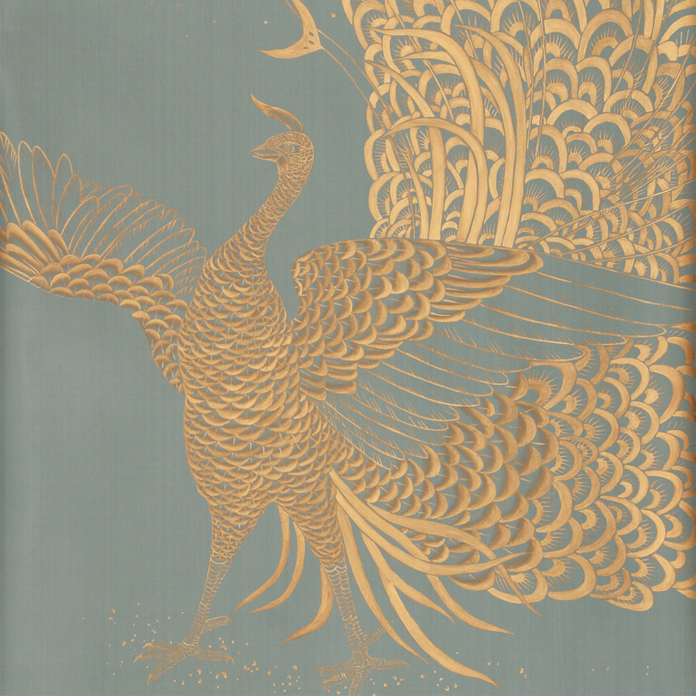 Обои ручная роспись в стиле Арт-деко Whistler Peacocks Golden colourway on Blue Grey dyed silk