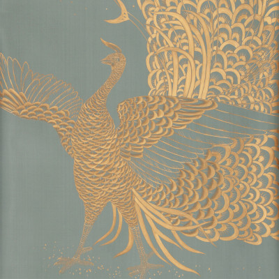 Обои ручная роспись в стиле Арт-деко Whistler Peacocks Golden colourway on Blue Grey dyed silk