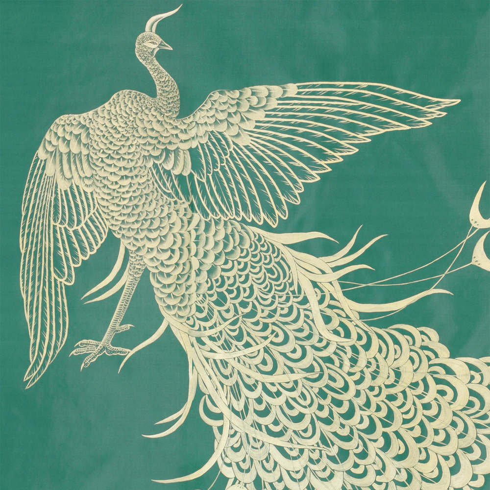 Обои ручная роспись в стиле Арт-деко Whistler Peacocks Original colourway on green painted silk