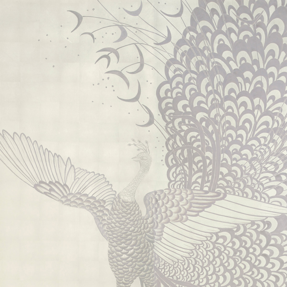 Обои ручная роспись в стиле Арт-деко Whistler Peacocks Special Colourway on 12 Carat White Gold gilded silk