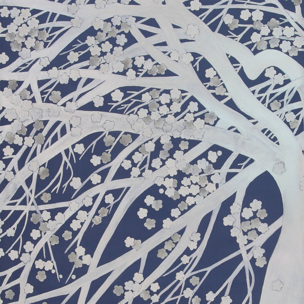 Обои ручная роспись в стиле Арт-деко Windswept Blossom Special Colourway on Dark Blue dyed silk