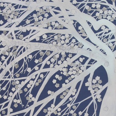 Обои ручная роспись в стиле Арт-деко Windswept Blossom Special Colourway on Dark Blue dyed silk