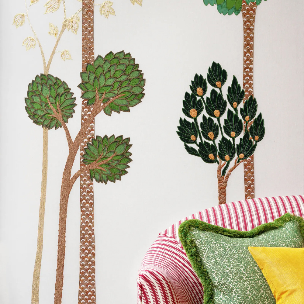 Обои с вышивкой ручной работы Mughal Trees Original colourway on linen