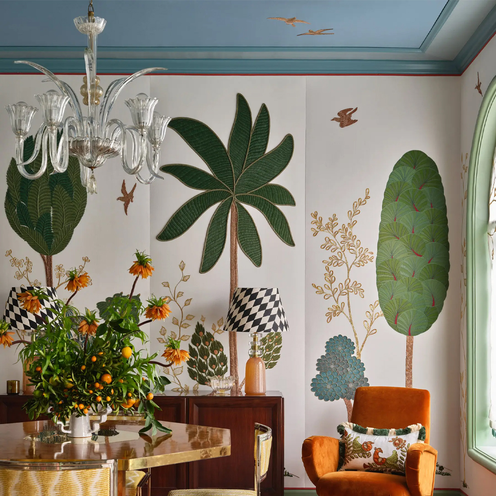 Обои с вышивкой ручной работы Mughal Trees Original colourway on linen