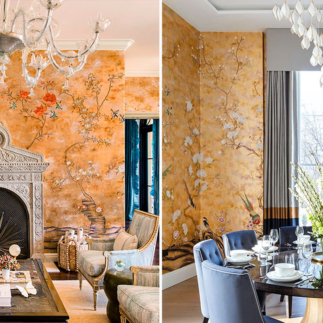 Обои шинуазри Japanese Garden Original colourway on Deep Rich Gold gilded paper with bronze pearlescent antiquing