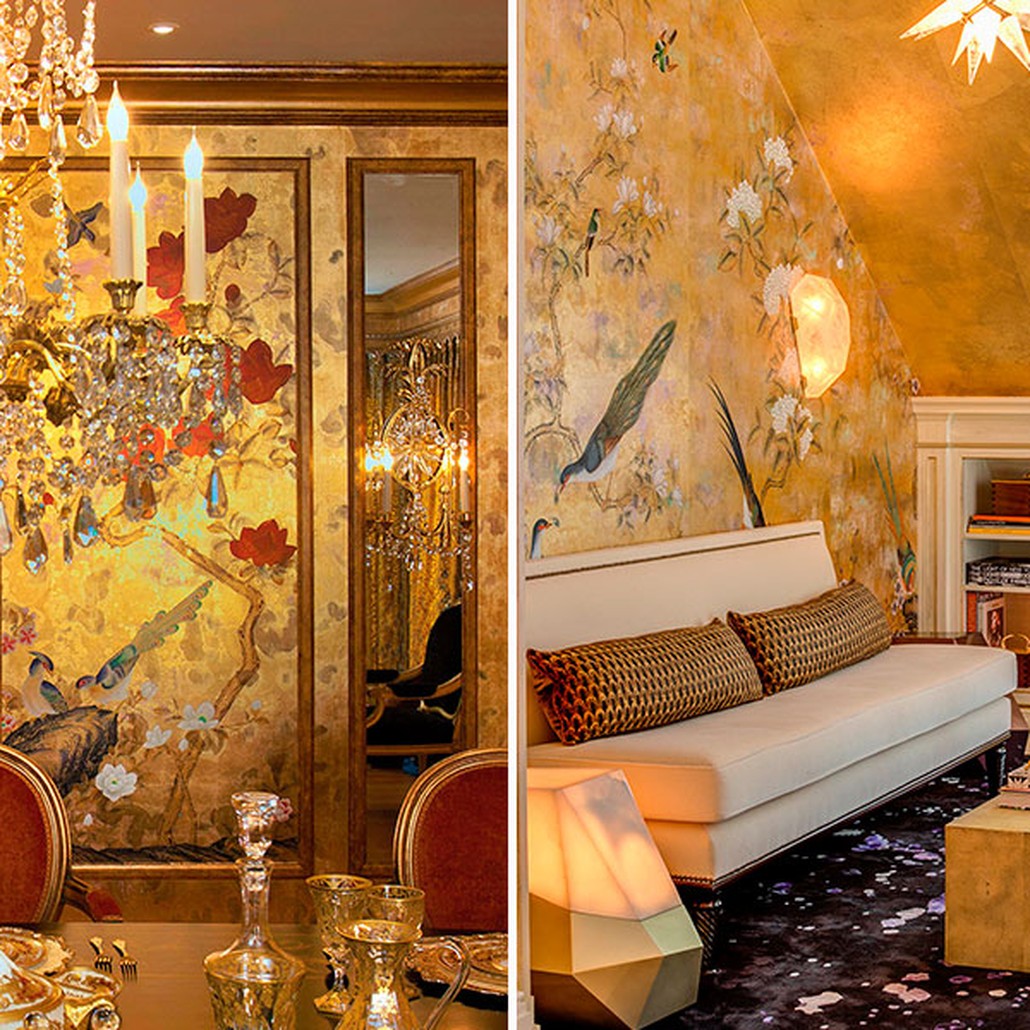 Обои шинуазри Japanese Garden Original colourway on Deep Rich Gold gilded paper with bronze pearlescent antiquing