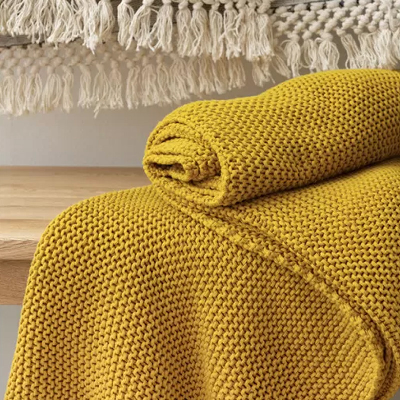 Плед из хлопка жемчужной вязки горчичного цвета Waffle Comfort