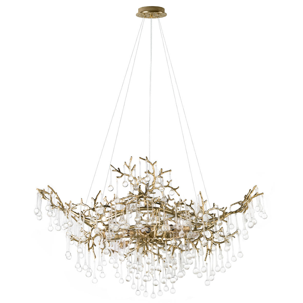 Подвесная люстра в виде ветвей деревьев золотого цвета с прозрачными подвесками-каплями 10 и 14 ламп Droplet Chandelier