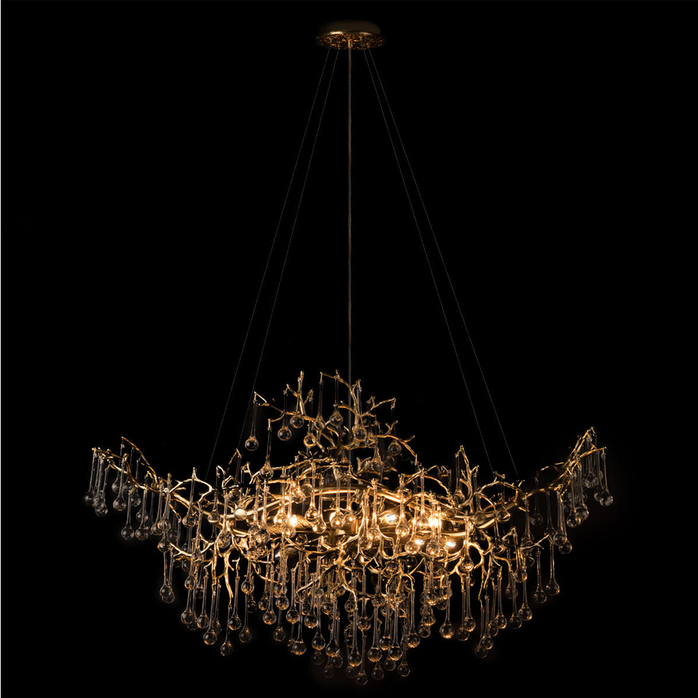 Подвесная люстра в виде ветвей деревьев золотого цвета с прозрачными подвесками-каплями 10 и 14 ламп Droplet Chandelier