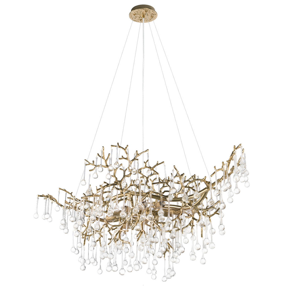 Подвесная люстра в виде ветвей деревьев золотого цвета с прозрачными подвесками-каплями 10 и 14 ламп Droplet Chandelier