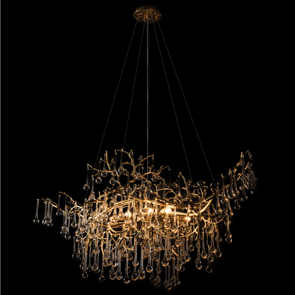 Подвесная люстра в виде ветвей деревьев золотого цвета с прозрачными подвесками-каплями 10 и 14 ламп Droplet Chandelier