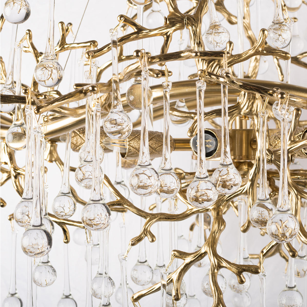 Подвесная люстра в виде ветвей деревьев золотого цвета с прозрачными подвесками-каплями 10 и 14 ламп Droplet Chandelier