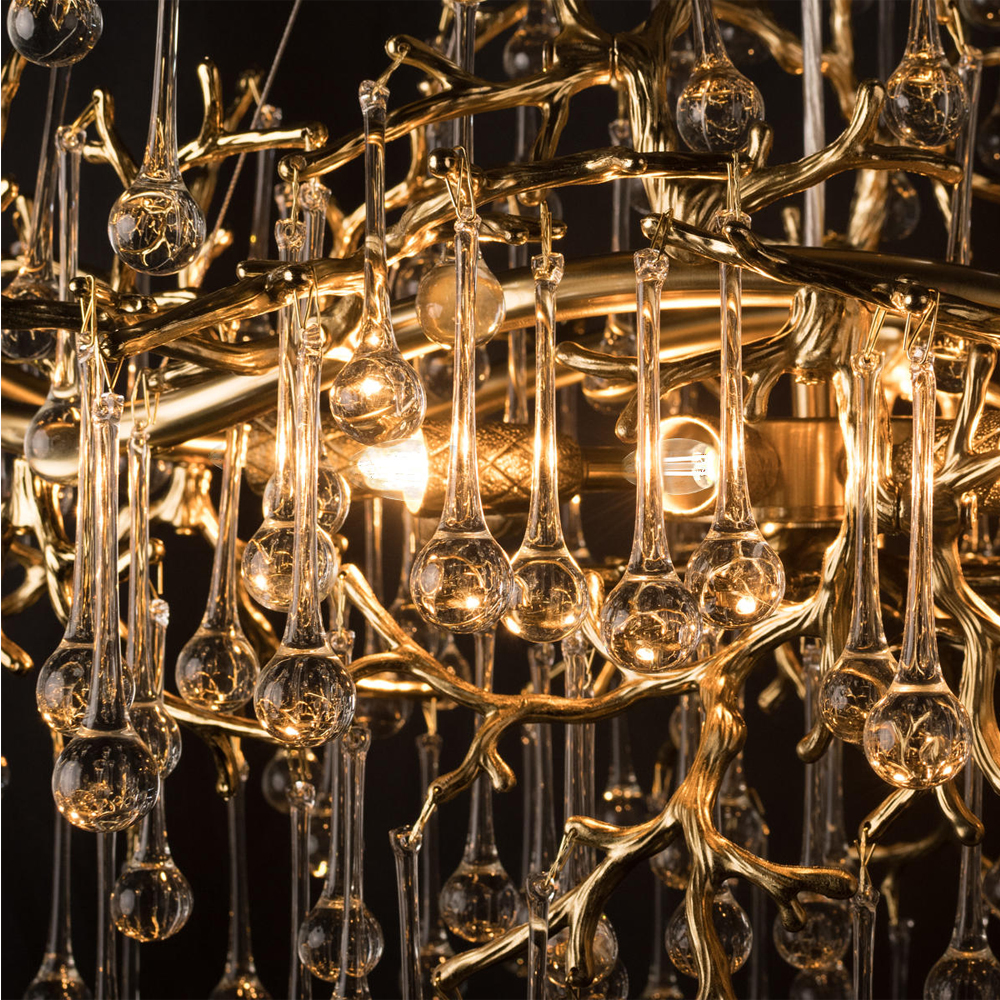 Подвесная люстра в виде ветвей деревьев золотого цвета с прозрачными подвесками-каплями 10 и 14 ламп Droplet Chandelier