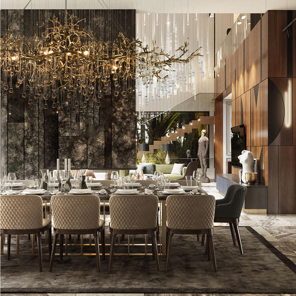 Подвесная люстра в виде ветвей деревьев золотого цвета с прозрачными подвесками-каплями 10 и 14 ламп Droplet Chandelier