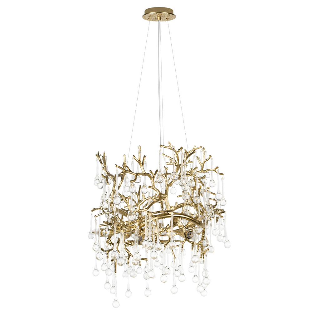 Подвесная люстра в виде ветвей деревьев золотого цвета с прозрачными подвесками-каплями 8 и 14 ламп Droplet Chandelier