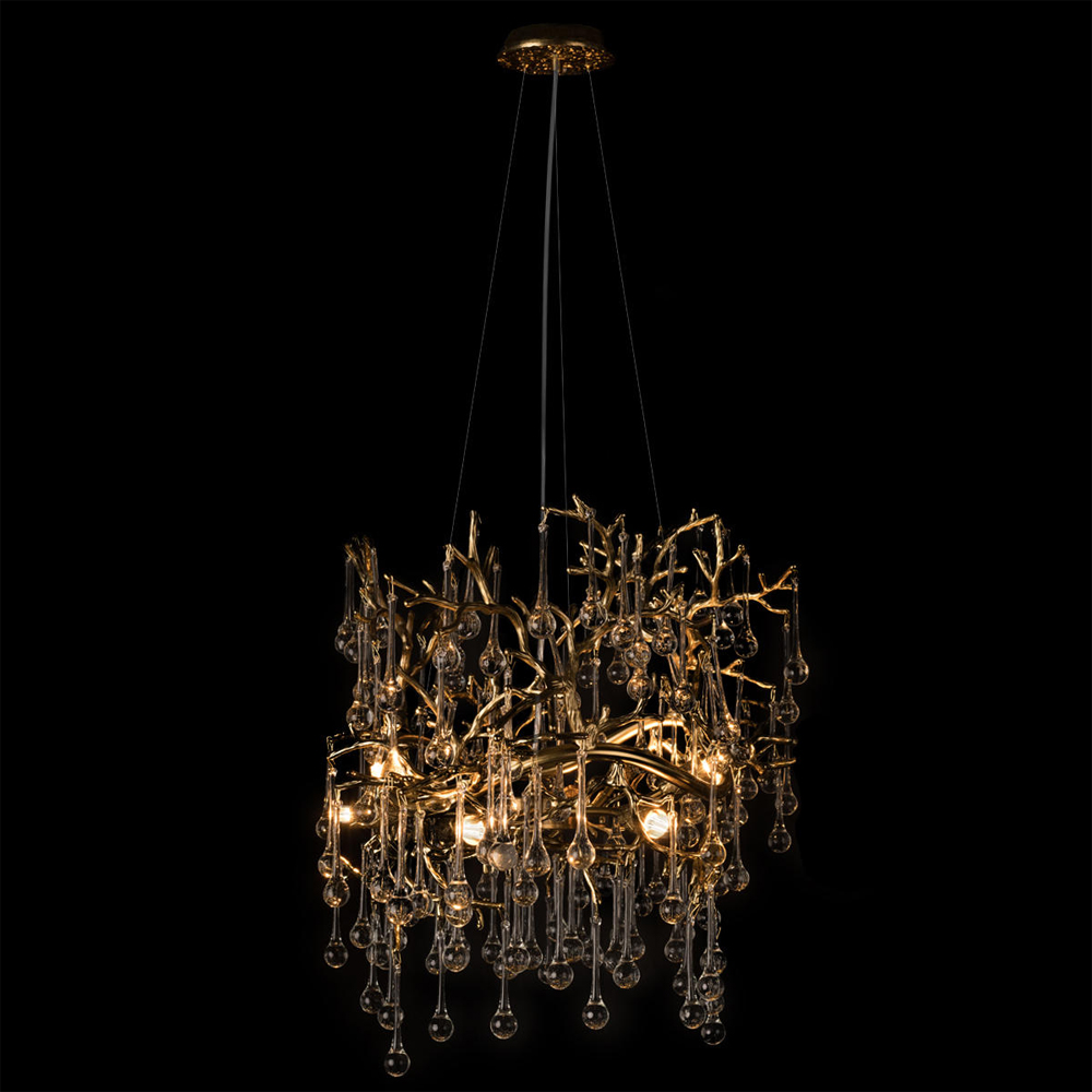 Подвесная люстра в виде ветвей деревьев золотого цвета с прозрачными подвесками-каплями 8 и 14 ламп Droplet Chandelier