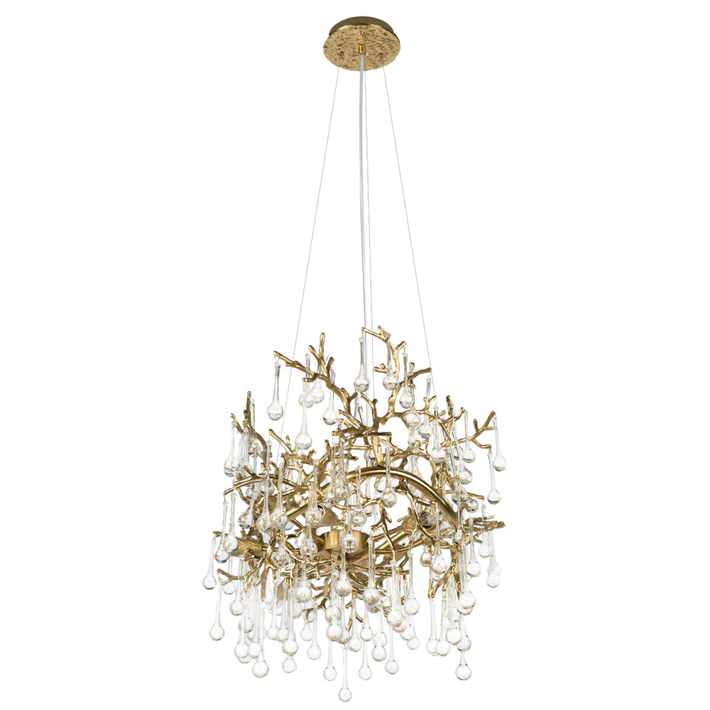 Подвесная люстра в виде ветвей деревьев золотого цвета с прозрачными подвесками-каплями 8 и 14 ламп Droplet Chandelier