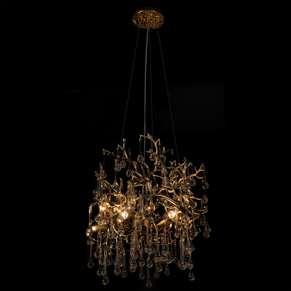 Подвесная люстра в виде ветвей деревьев золотого цвета с прозрачными подвесками-каплями 8 и 14 ламп Droplet Chandelier