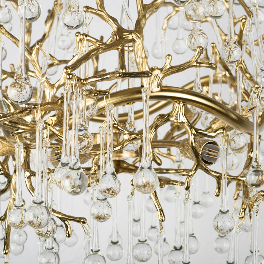 Подвесная люстра в виде ветвей деревьев золотого цвета с прозрачными подвесками-каплями 8 и 14 ламп Droplet Chandelier