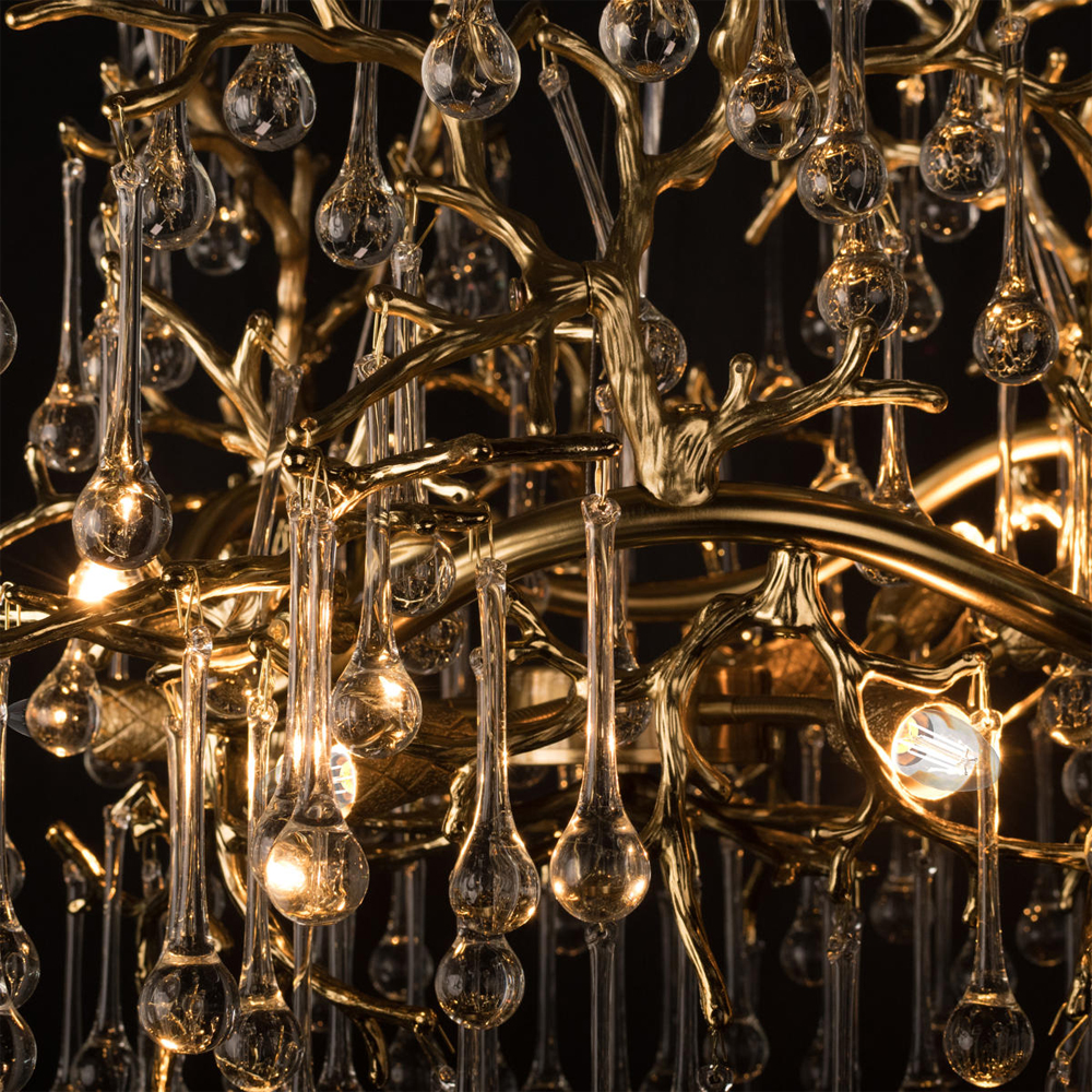 Подвесная люстра в виде ветвей деревьев золотого цвета с прозрачными подвесками-каплями 8 и 14 ламп Droplet Chandelier