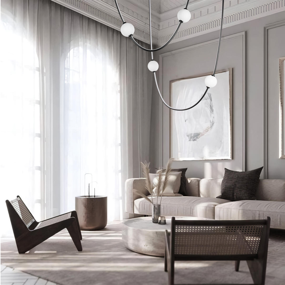 Подвесной светильник в форме дуги с белыми шарообразными плафонами Flos Wireline Lighting