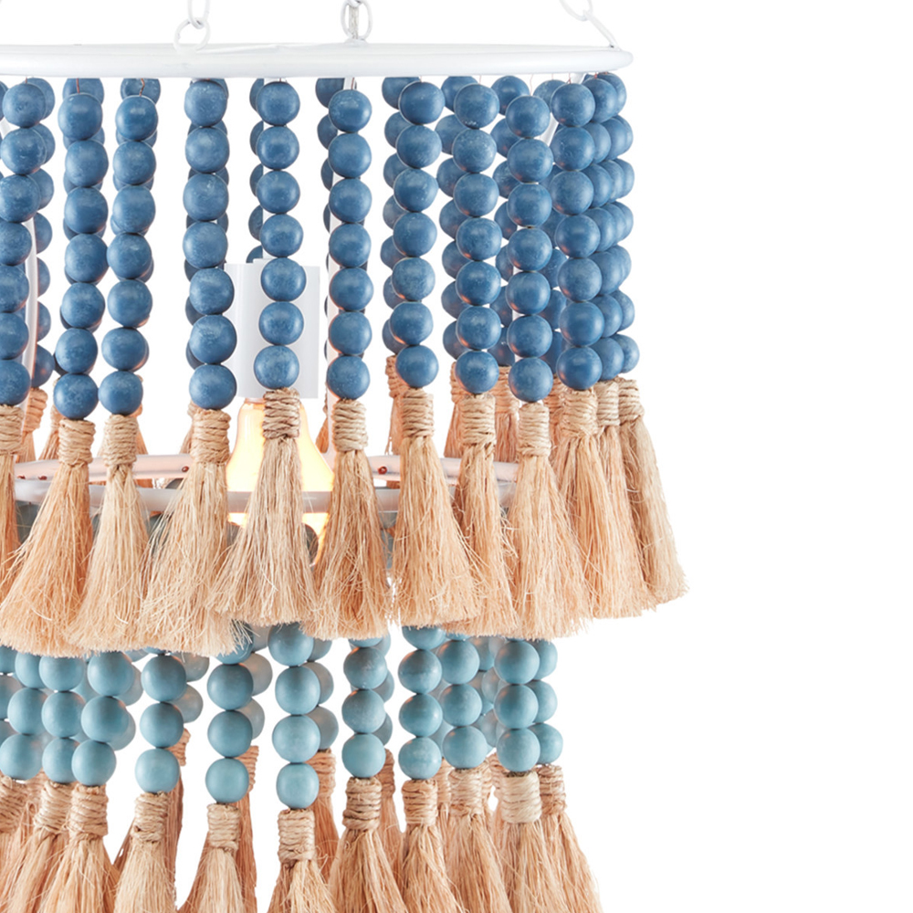 Подвесной светильник двухъярусный с декором из круглых деревянных бусин с кисточками Blue Wooden Beads Chandelier