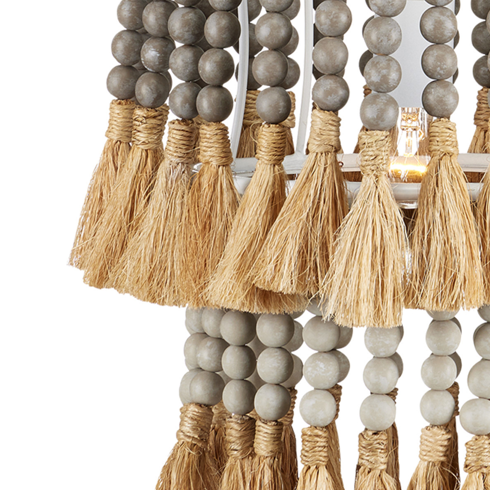 Подвесной светильник двухъярусный с декором из круглых деревянных бусин с кисточками Gray Brown Wooden Beads Chandelier