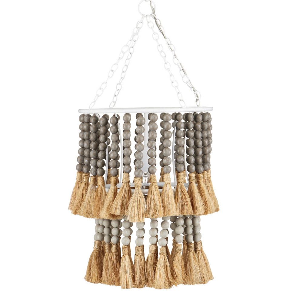 Подвесной светильник двухъярусный с декором из круглых деревянных бусин с кисточками Gray Brown Wooden Beads Chandelier