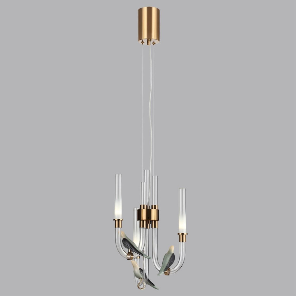 Подвесной светильник с 3-мя прозрачными изогнутыми трубками и декоративными птичками Ganthea