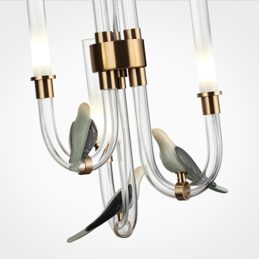 Подвесной светильник с 3-мя прозрачными изогнутыми трубками и декоративными птичками Ganthea