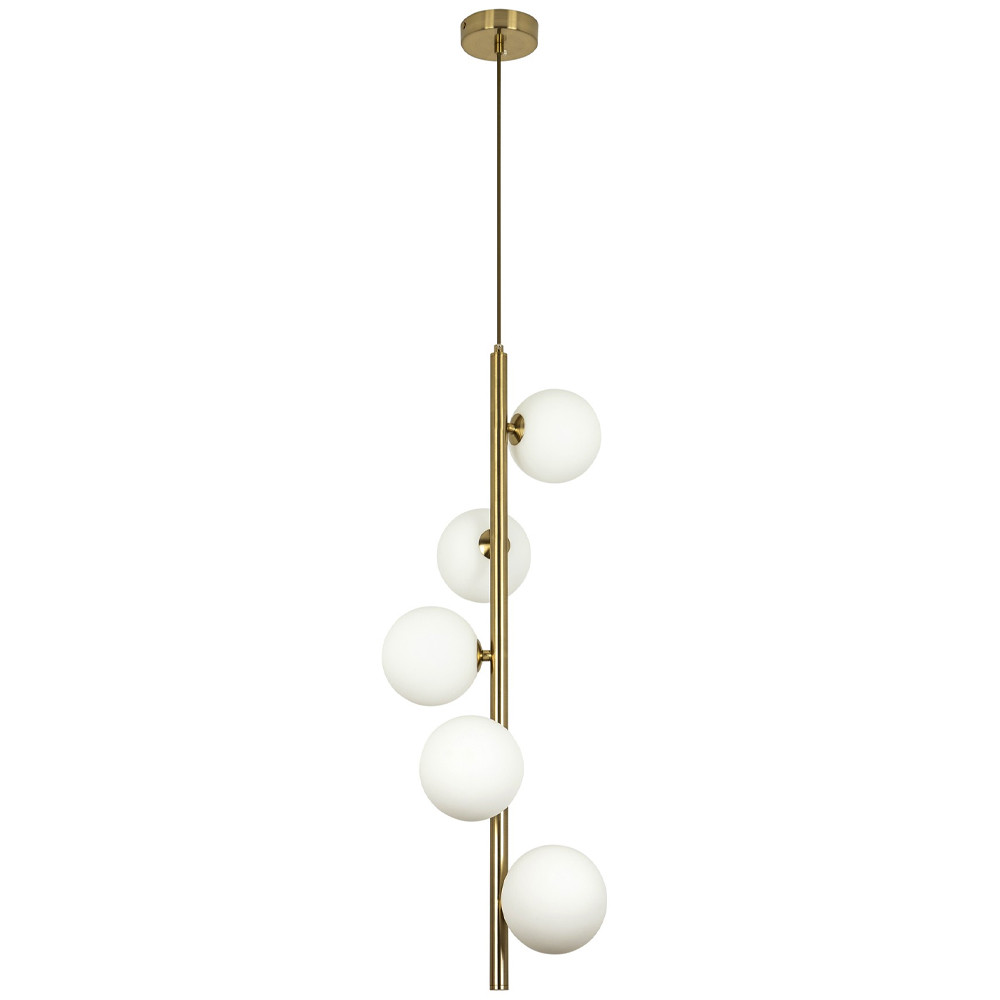 Подвесной светильник с 5-ю сферическими плафонами из матового стекла Pearls Suspension Brass Tube Hanging Lamp
