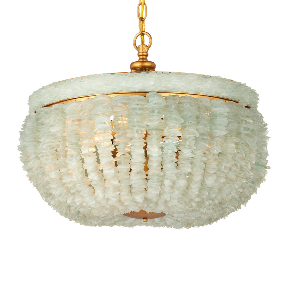 Подвесной светильник с каскадом из стеклянных декоративных элементов на золотом каркасе Shining Sea Glass