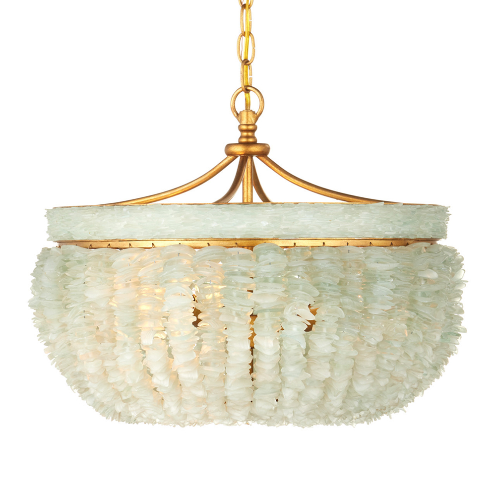 Подвесной светильник с каскадом из стеклянных декоративных элементов на золотом каркасе Shining Sea Glass